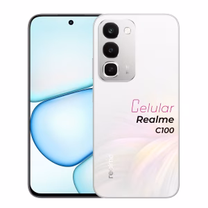 Realme C100 blanco vista delantera y trasera frontal mostrando pantalla y cámara vista posterior